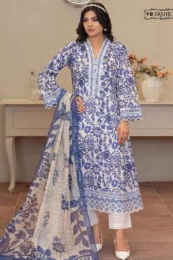 Elegant Indigo Royal Blue & White Floral Lawn Suit with Organza Dupatta