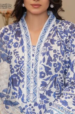 Elegant Indigo Royal Blue & White Floral Lawn Suit with Organza Dupatta