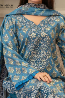 Luxurious Blue Printed & Embroidered Lawn Ensemble