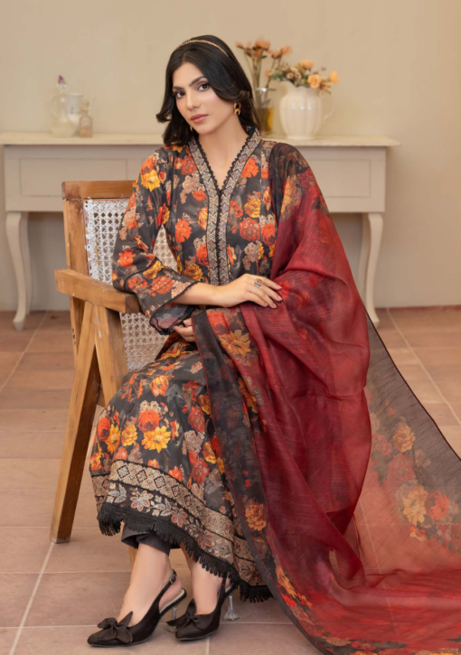 Aima-II D2 032 Lawn Frock Suit Pakistani Ladies Readymade Embroidered Frock Suit with Trouser and Printed Dupatta Blue & White Design Asian Womenswear Salwar - Image 3