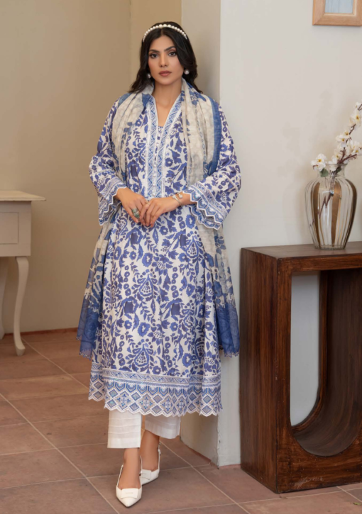 Aima-II D2 032 Lawn Frock Suit Pakistani Ladies Readymade Embroidered Frock Suit with Trouser and Printed Dupatta Blue & White Design Asian Womenswear Salwar - Image 2