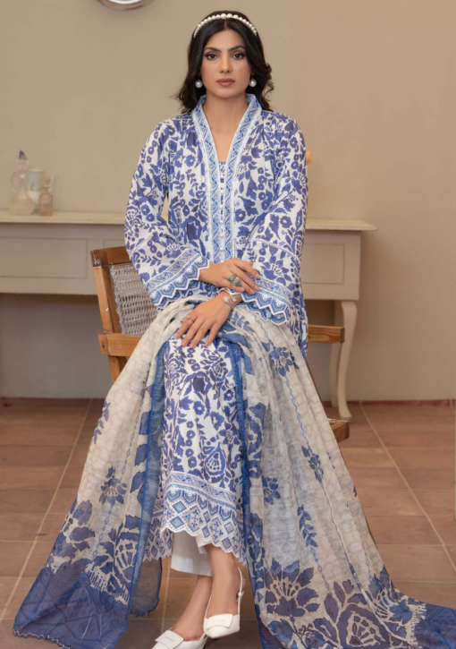Aima-II D2 032 Lawn Frock Suit Pakistani Ladies Readymade Embroidered Frock Suit with Trouser and Printed Dupatta Blue & White Design Asian Womenswear Salwar - Image 4