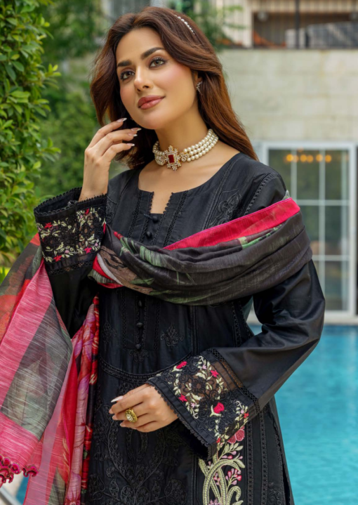 Mahi-4 D4 014 Ladies Pakistani Readymade Black Embroidered Shalwar Kameez Suit with Printed Dupatta for Women Womenswear Asian Salwar Clothes Cotton