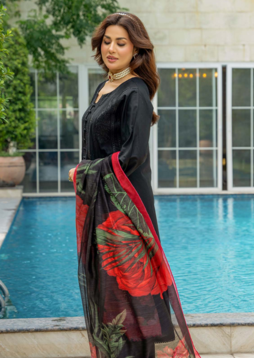 Mahi-4 D4 014 Ladies Pakistani Readymade Black Embroidered Shalwar Kameez Suit with Printed Dupatta for Women Womenswear Asian Salwar Clothes Cotton - Image 3