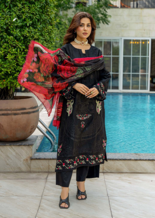 Mahi-4 D4 014 Ladies Pakistani Readymade Black Embroidered Shalwar Kameez Suit with Printed Dupatta for Women Womenswear Asian Salwar Clothes Cotton - Image 2