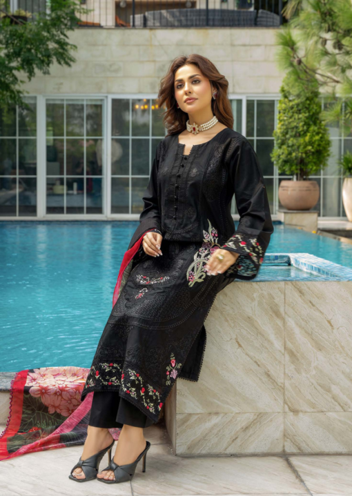 Mahi-4 D4 014 Ladies Pakistani Readymade Black Embroidered Shalwar Kameez Suit with Printed Dupatta for Women Womenswear Asian Salwar Clothes Cotton - Image 4