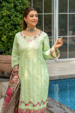 Refreshing Mint Green Embroidered Lawn Suit with Floral Printed Dupatta