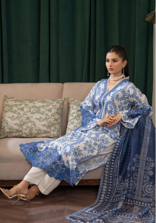 Mahnoor D5 | Lawn | 031- Blue Pakistani Ladies Readymade Embroidered Shalwar Kameez Suit with Printed Dupatta for Women Womenswear Clothes Traditional Embroidery - Image 3