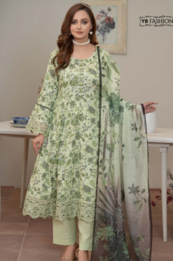 Refreshing Green Floral Cotton Ensemble with Sheer Dupatta