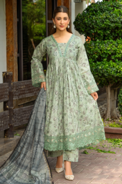 Zymal-V5 D3 021 Lawn Frock Ladies Pakistani Embroidered Readymade Frock Shalwar Kameez Suit with Printed Dupatta Green Floral Design Womenswear Clothes Asian Traditional Elegant Matching Embroidery Dress