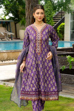 Zymal-V5 D1 | Frock Lawn Purple | Ladies Pakistani Embroidered Readymade Shalwar Kameez Suit with Printed Dupatta Dress Casual Womenswear