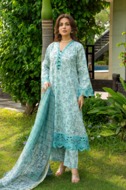 Zymal-V5 D5 021 Blue Lawn Frock Ladies Pakistani Readymade Shalwar Kameez Suit with Printed Dupatta for Women Womenswear Salwar Clothes Asian Embroidery Fashion Elegant Embroidered