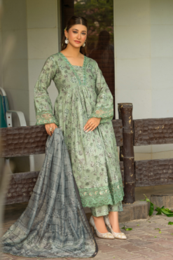 Alternative view of Zymal-V5 D3 021 Lawn Frock Ladies Pakistani Embroidered Readymade Frock Shalwar Kameez Suit with Printed Dupatta Green Floral Design Womenswear Clothes Asian Traditional Elegant Matching Embroidery Dress