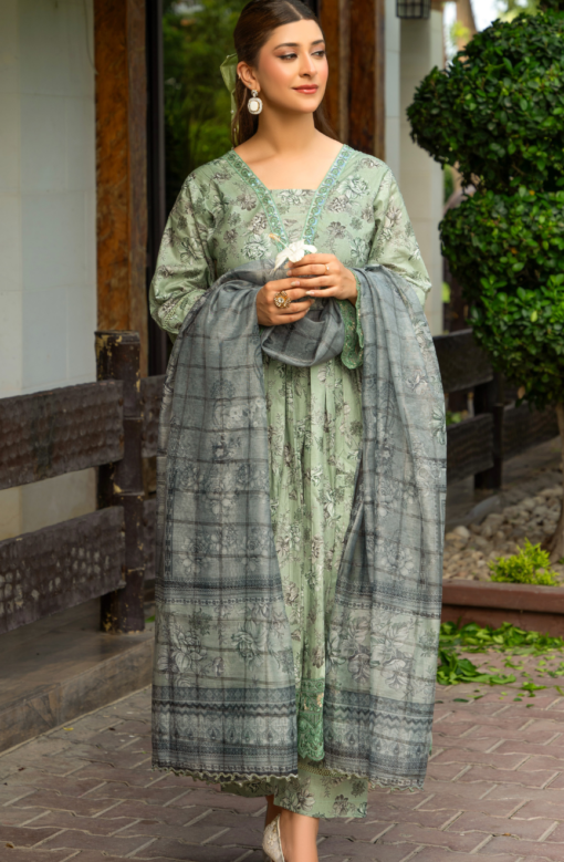 Zymal-V5 D3 021 Lawn Frock Ladies Pakistani Embroidered Readymade Frock Shalwar Kameez Suit with Printed Dupatta Green Floral Design Womenswear Clothes Asian Traditional Elegant Matching Embroidery Dress - Image 4