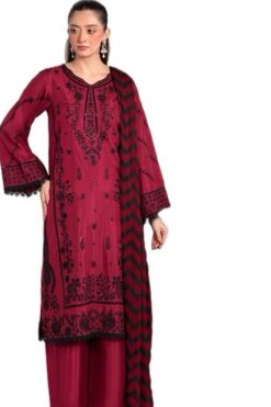 Heera Viscose 081 Burgundy Embroidered Pakistani Readymade Shalwar Kameez Suit with Palazzo & Chiffon Dupatta for Women Womenswear