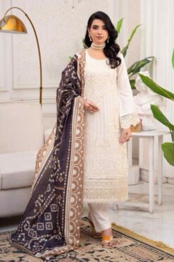 Sadaf-2 D2 015 Dhanak Off-White Embroidered Ladies Pakistani Readymade Shalwar Kameez Suit with Pashmina Shawl Womenswear Clothes Salwar Asian