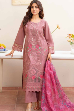Luxury Mauve Embroidered Cotton Lawn Suit with Floral Printed Dupatta