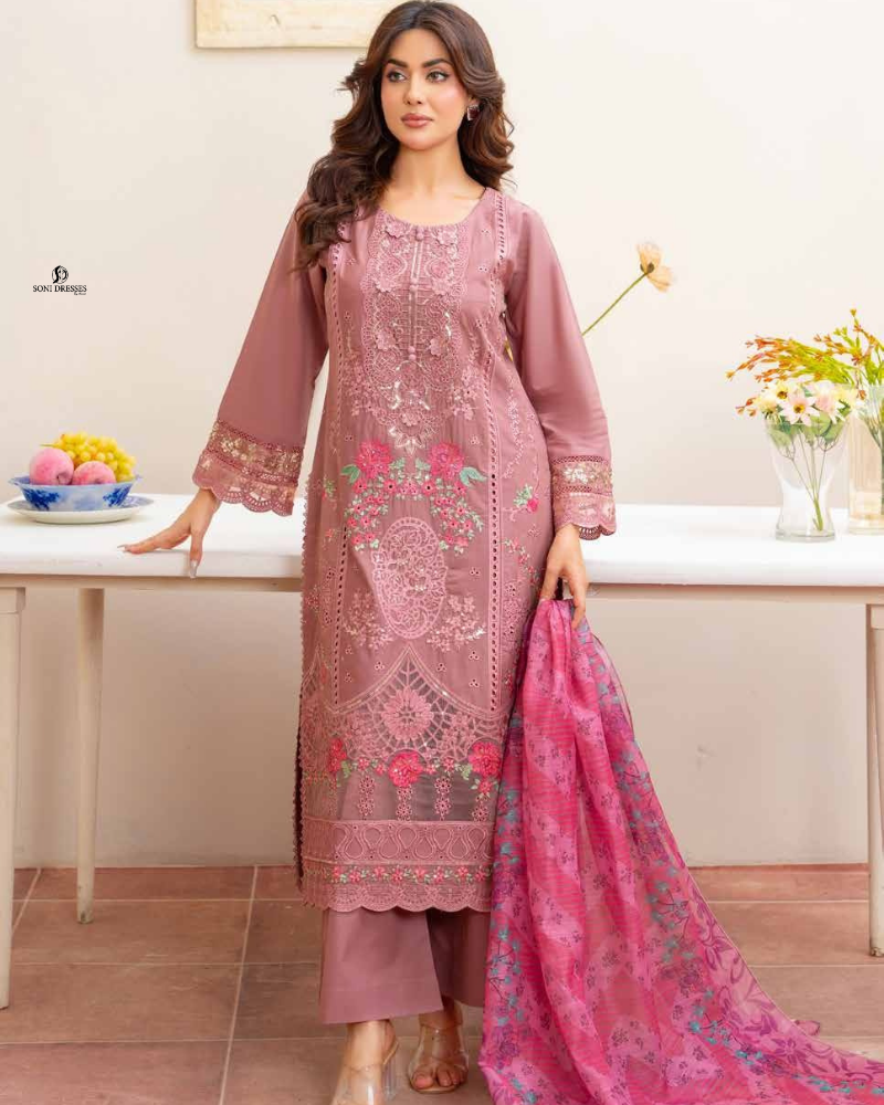 Luxury Mauve Embroidered Cotton Lawn Suit with Floral Printed Dupatta