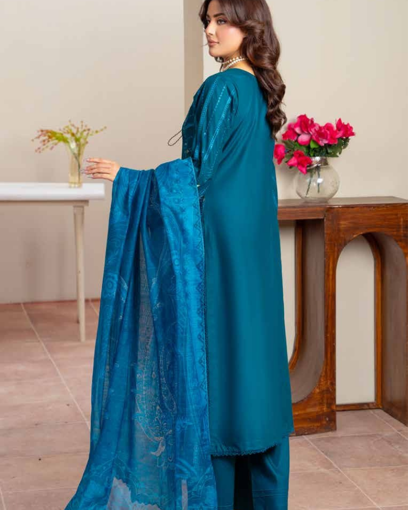 Deep Teal Blue Heavily Embroidered 3-Piece Luxury Lawn Suit - Image 3
