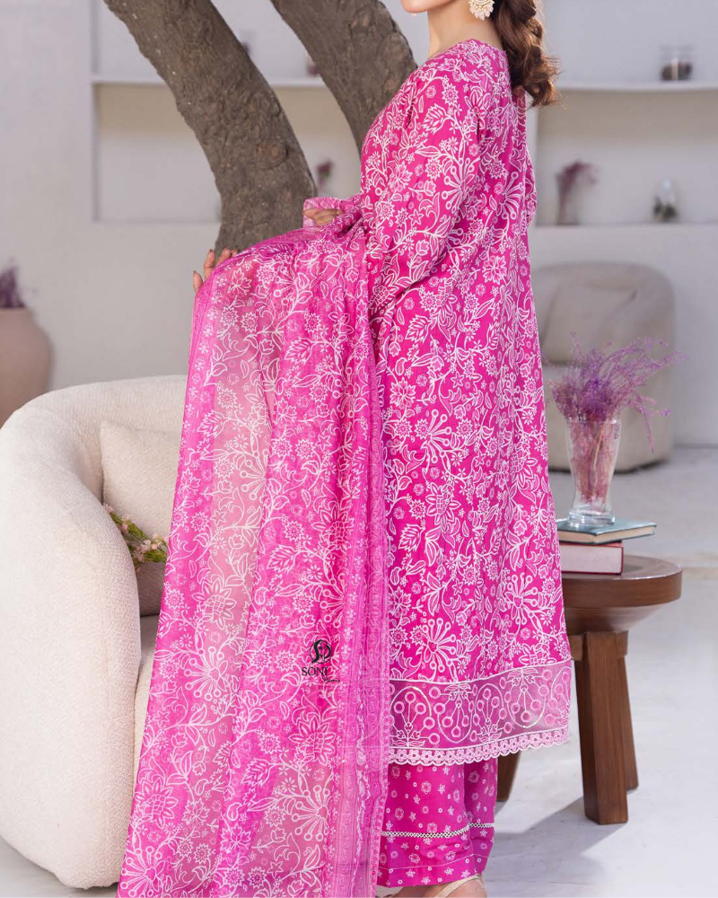 Pink Slub Dhanak Embroidered 3 Piece Suit with Shawl - Image 4