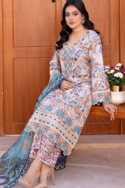 Alternative view of Ivory & Azure Blue Printed Luxury Lawn Suit with Intricate Borders