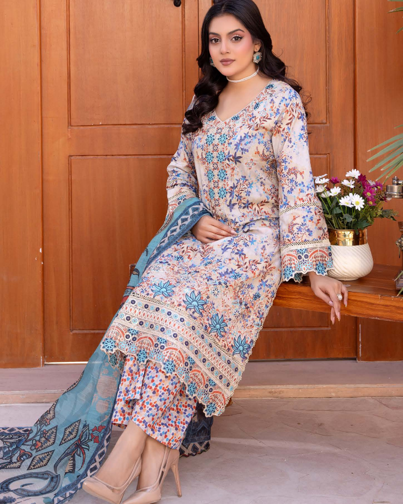 Ivory & Azure Blue Printed Luxury Lawn Suit with Intricate Borders - Image 2