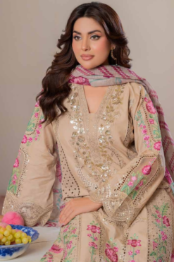 Alternative view of Elegant Sand Beige Embroidered Lawn Suit with Geometric Print Dupatta