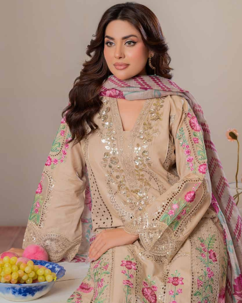 Elegant Sand Beige Embroidered Lawn Suit with Geometric Print Dupatta - Image 2