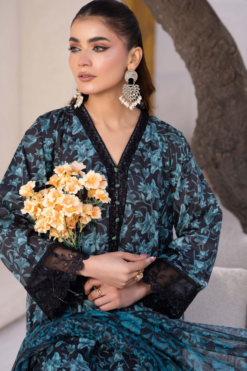 Alternative view of Teal Slub Dhanak Embroidered 3 Piece Suit with Twill Shawl