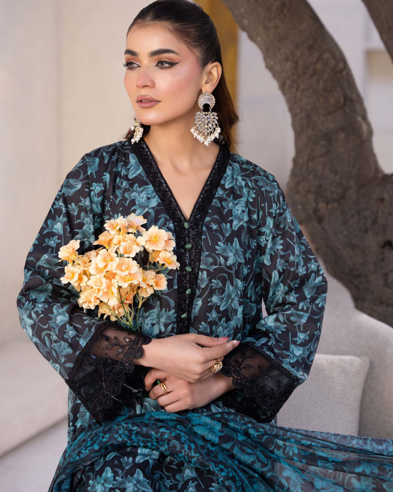 Teal Slub Dhanak Embroidered 3 Piece Suit with Twill Shawl - Image 2