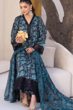 Teal Slub Dhanak Embroidered 3 Piece Suit with Twill Shawl