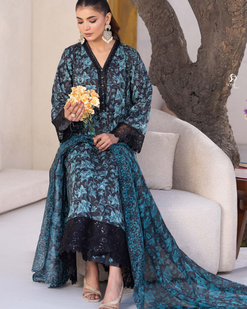 Teal Slub Dhanak Embroidered 3 Piece Suit with Twill Shawl