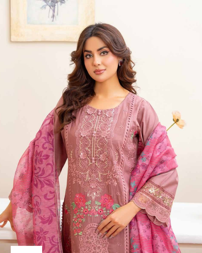 Luxury Mauve Embroidered Cotton Lawn Suit with Floral Printed Dupatta - Image 2
