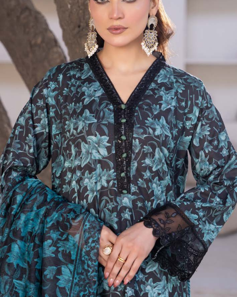 Teal Slub Dhanak Embroidered 3 Piece Suit with Twill Shawl - Image 3