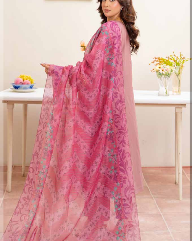 Luxury Mauve Embroidered Cotton Lawn Suit with Floral Printed Dupatta - Image 3
