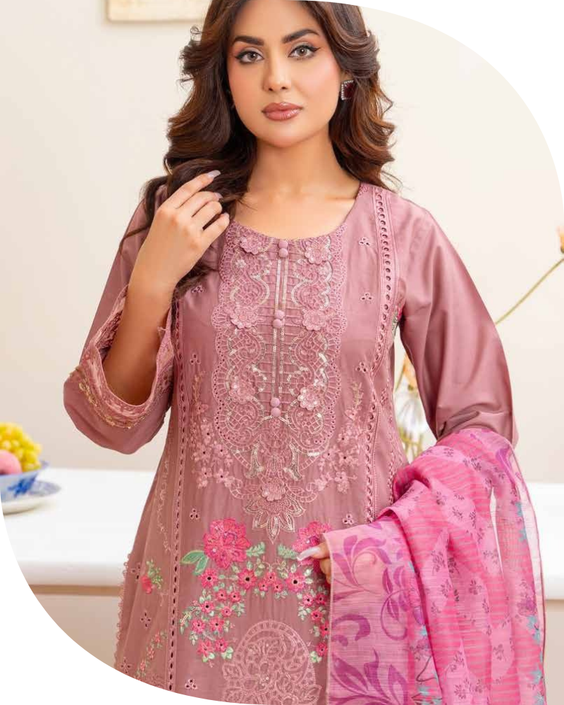 Luxury Mauve Embroidered Cotton Lawn Suit with Floral Printed Dupatta - Image 4