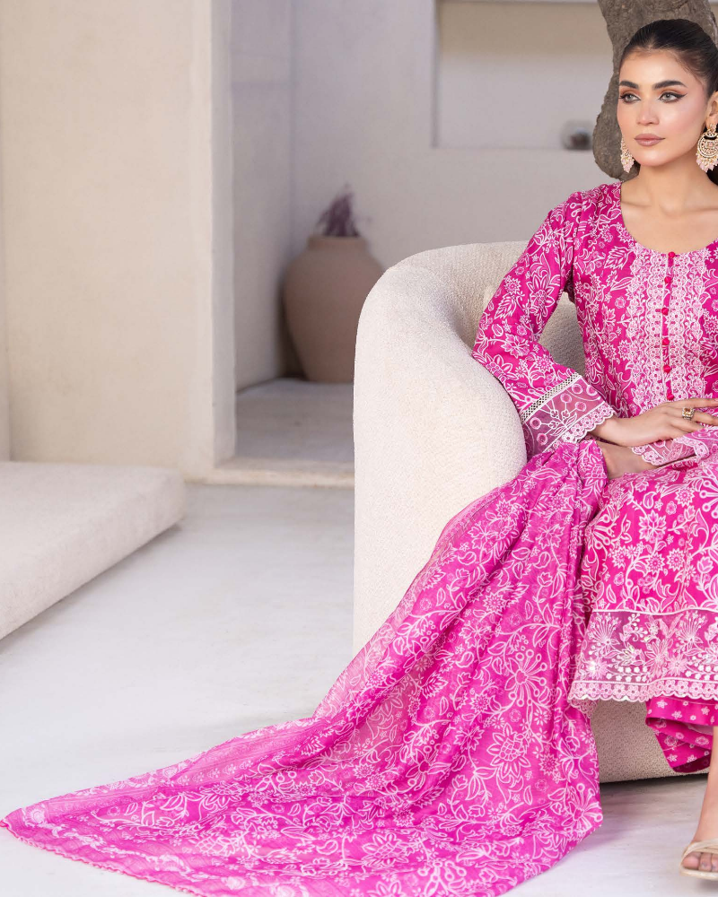 Pink Slub Dhanak Embroidered 3 Piece Suit with Shawl - Image 3