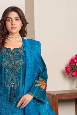 Alternative view of Deep Teal Blue Heavily Embroidered 3-Piece Luxury Lawn Suit