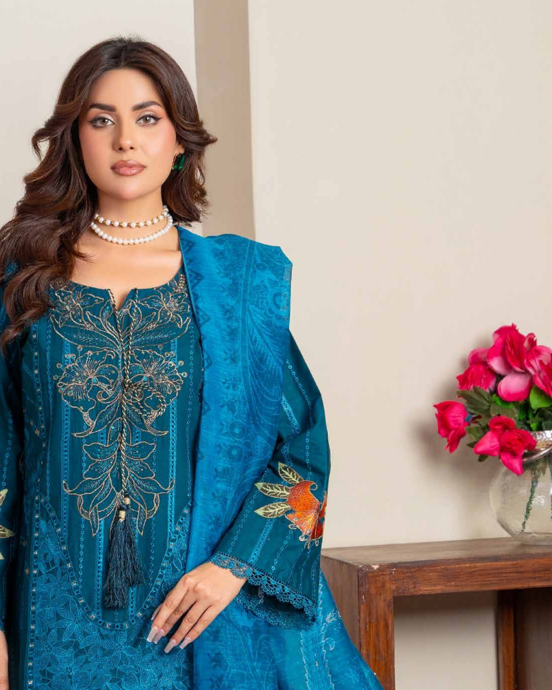 Deep Teal Blue Heavily Embroidered 3-Piece Luxury Lawn Suit - Image 2