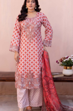 Terracotta Peach Printed Luxury Lawn Suit with Contrast Dupatta