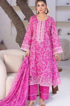 Pink Slub Dhanak Embroidered 3 Piece Suit with Shawl