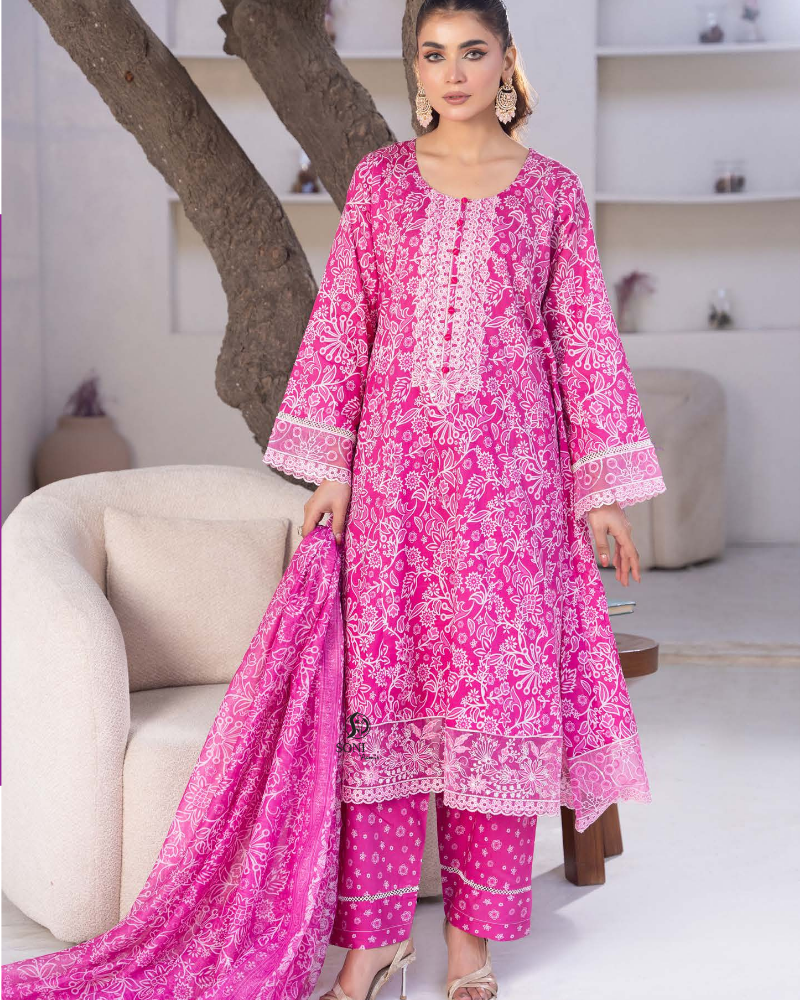 Pink Slub Dhanak Embroidered 3 Piece Suit with Shawl