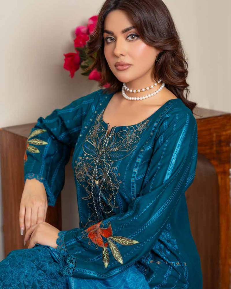 Deep Teal Blue Heavily Embroidered 3-Piece Luxury Lawn Suit - Image 4