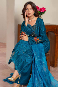 Deep Teal Blue Heavily Embroidered 3-Piece Luxury Lawn Suit
