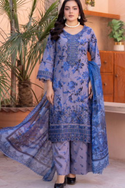 Dusty Blue & Indigo Embroidered Luxury Lawn Suit with Floral Motifs