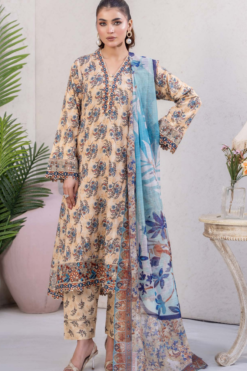Mustard Blue Slub Dhanak Embroidered 3 Piece Suit with Twill Shawl