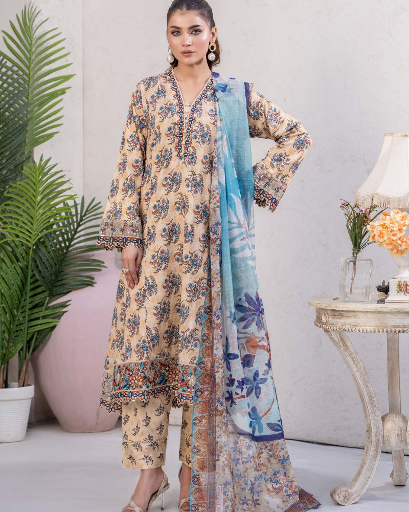 Mustard Blue Slub Dhanak Embroidered 3 Piece Suit with Twill Shawl