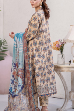 Alternative view of Mustard Blue Slub Dhanak Embroidered 3 Piece Suit with Twill Shawl
