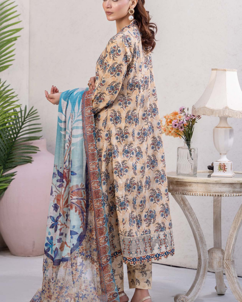 Mustard Blue Slub Dhanak Embroidered 3 Piece Suit with Twill Shawl - Image 2