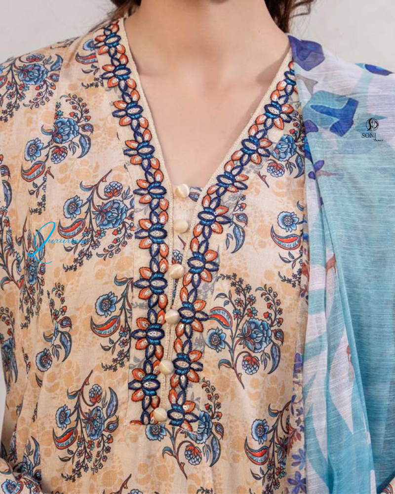 Mustard Blue Slub Dhanak Embroidered 3 Piece Suit with Twill Shawl - Image 3